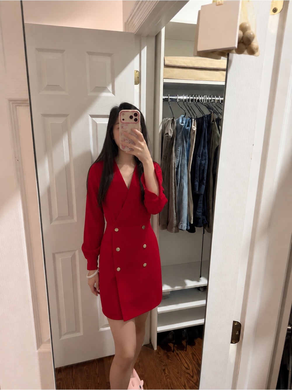 Red Double-Breasted Blazer Dress - Women's Elegant V-Neck